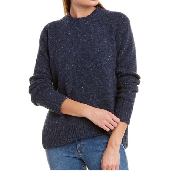 Vince Womens Crew Neck Knit Sweater Asymmetric Split Hem Speckled Navy Blue - Picture 1 of 10